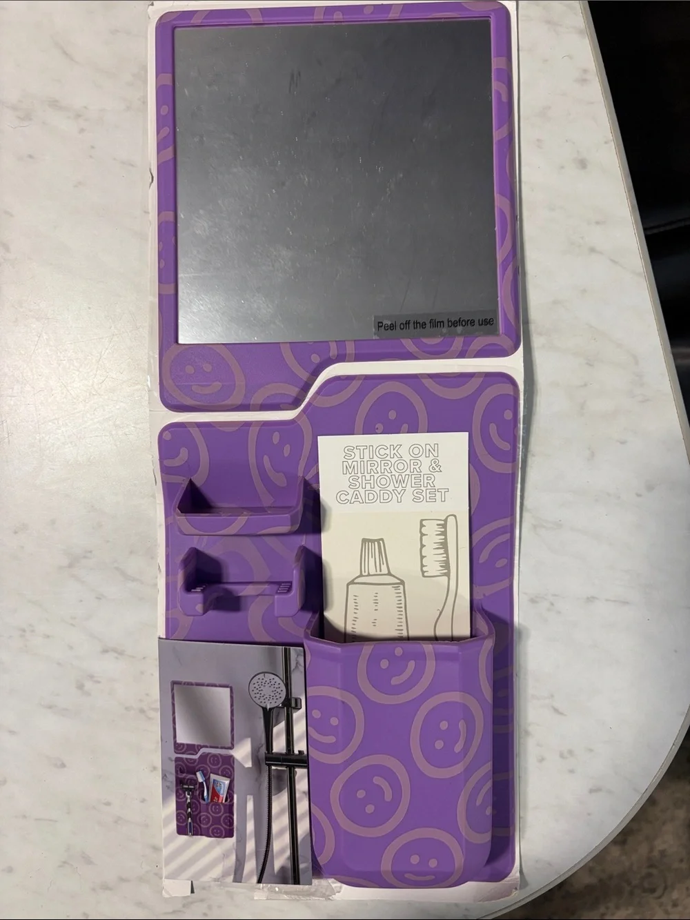 Purple Smiley  and blue Stick-On Mirror & Shower Caddy
